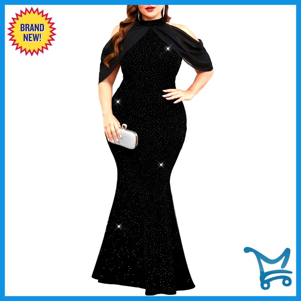 Sparkly Halter Neck Maxi Dress Chiffon Cape Sleeve Bodycon Mermaid Evening Gown